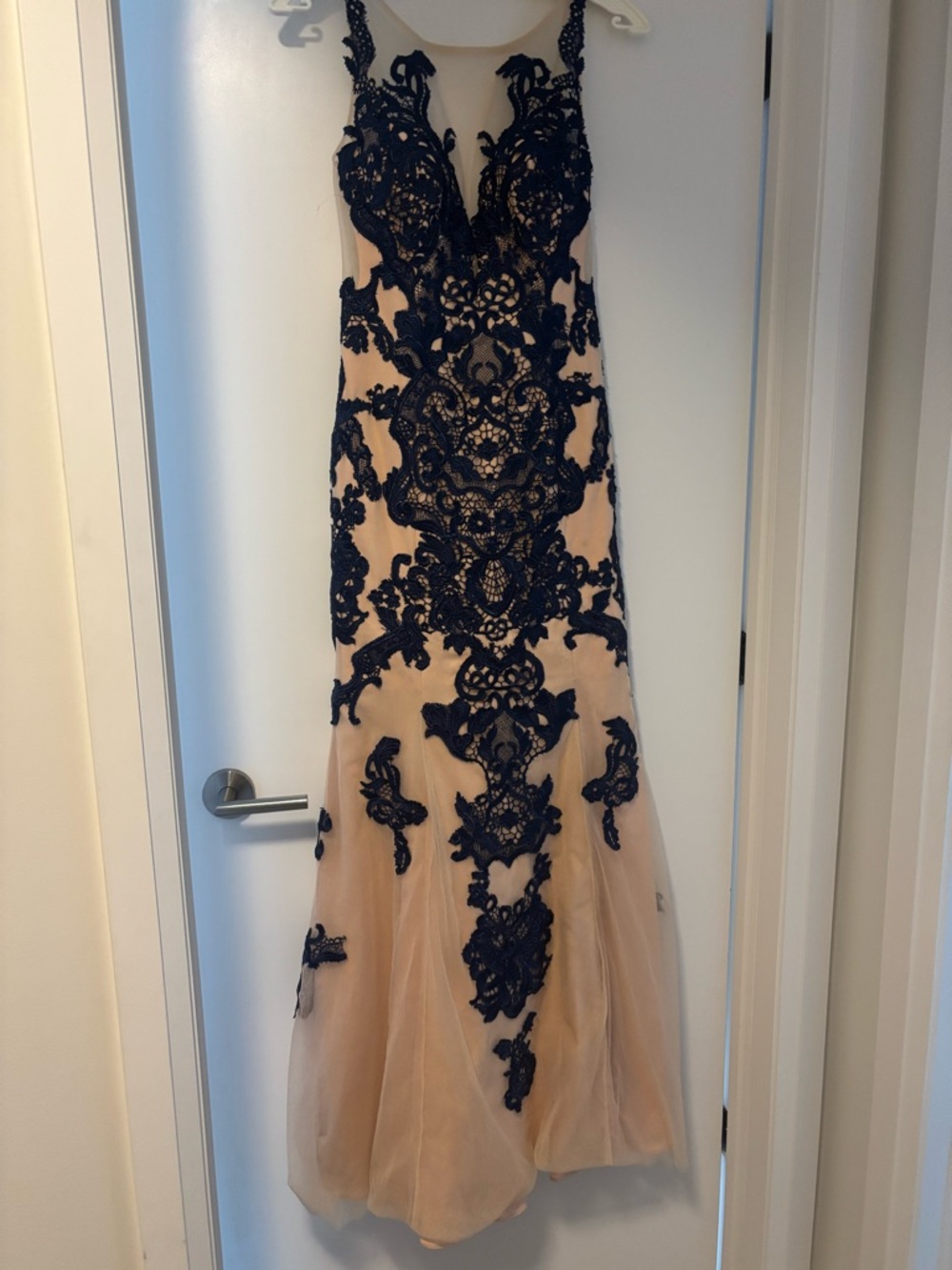JVN by Jovani Navy Appliqué Backless Evening Gown on Nude Illusion